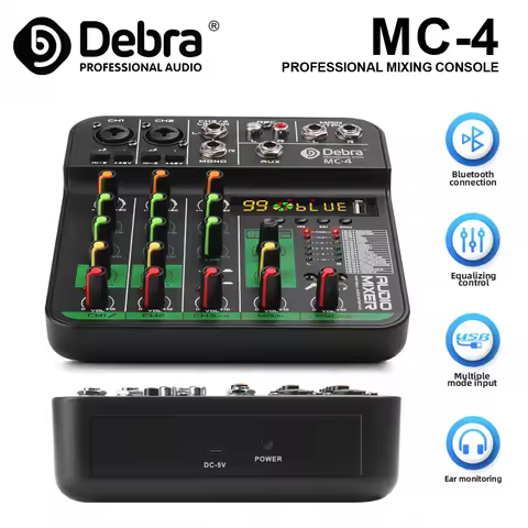 Debra MC4 4-Channel Mixer, 99 DSP Reverb Effects, Bluetooth 5.0, 48V Phantom Power, for PC Live Stre