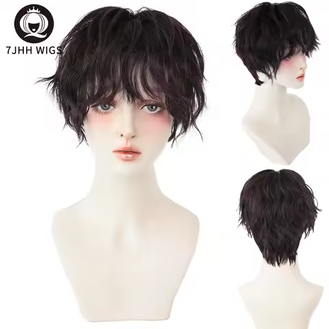 7JHH WIGS Short Bob Black Wigs For Women Curly Crochet Male Hair With Bang Synthetic Heat Resistant 