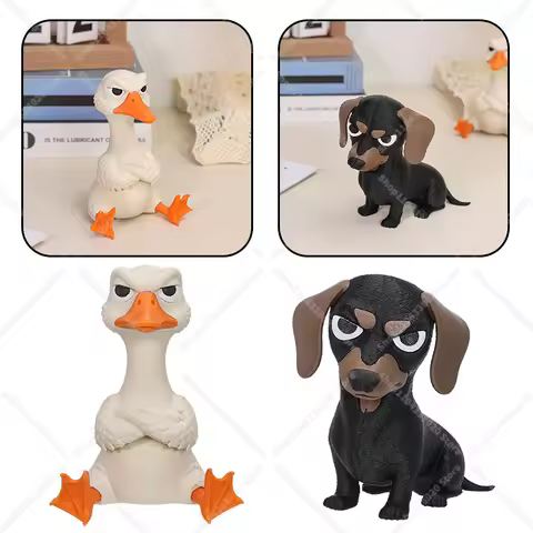 Grumpy Animal Goose/Dachshund Figurine - Angry Duck Desk Decor, Funny Lazy Dog Ornament, Quirky Gift