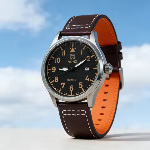 NDNZ Pilot Quartz Watch Retro Casual Men's Watch Brown Leather Strap Business Men's Watch