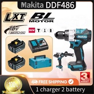 Makita DDF486 สว่านไฟฟ้าแบบไม่มีแปรง, สว่านไฟฟ้าแบบไร้สายมัลติฟังก์ชั่นพร้อมแบตเตอรี่ลิเธียม 18V พร้อมแบตเตอรี่สองก้อน, ชุดส่งเสริมการขาย