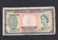 Malaysia / Malaya and British Borneo 1 Dollar 1953 P-1 QEII Banknote duit lama