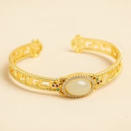 Natural Hetian White Oval Jade Full Zircon Women Copper Hollow Open Bangle with Certificate