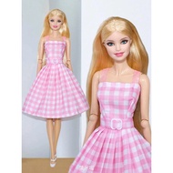 ☮Miniso Barbie Kawaii Cute Doll Clothes Pink Grid Dress + Hat + Bangle Shoes Necklace Barbie Dol ❤-