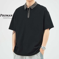 【From Perak】ProMan japanese Men Retro polo Shirt Summer Heavy Loose Zipper Lapel Sports Men Short-Sl