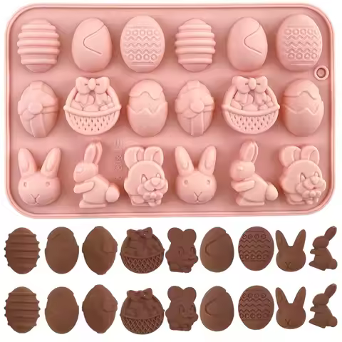 2pcs Easter Silicone Chocolate Molds 18 Cavity Egg,Bunny,Rabbit Head,Basket shapes Mould for Chocola