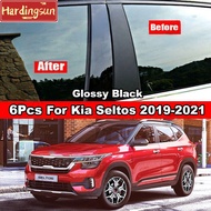 Hardingsun 6Pcs Glossy Black Car Door Window Center BC Pillar Posts Trim Cover Not Just Sticker PC Material Mirror Effect For KIA Seltos 2019-2021