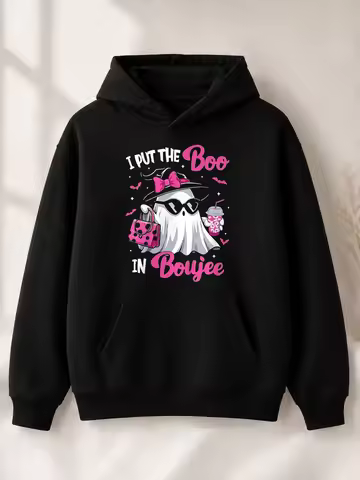 Cute Girl-Style Men's Hoodie, Boo Boujee Ghost, with Pink Bow and Polka Dot Decoration, Halloween Au