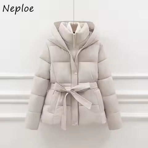 Neploe New Moda Warm Thicked Small Fellow Women Clothing Slim Waist Lace Up Solid Elegant Coat Casua