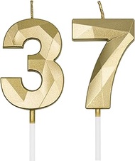 37th & 73rd Birthday Candles for Cake, Gold Number 37 73 3D Diamond Shaped Candle Birthday Decoratio