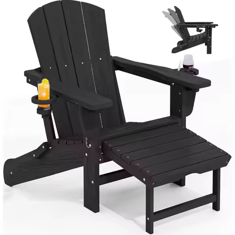 2. Adjustable Adirondack Chair with Retractable Ottoman, HDPE Reclining Chair, Black