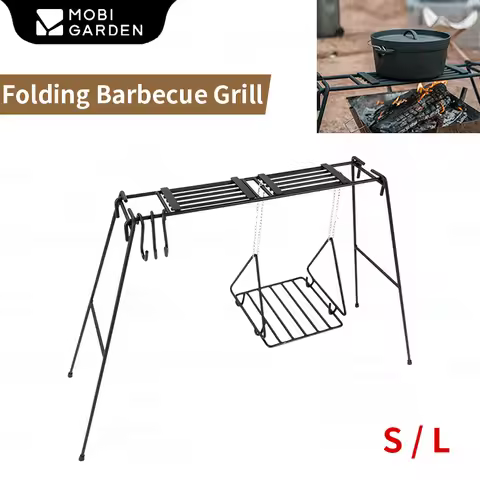 MOBI GARDEN Camping Folding Barbecue Grill Multifunctional Cast Iron Shelf Outdoor Tableware Hanging