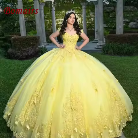 BOMARIS Yellow Ball Gown Quinceanera Dresses Princess Vestidos De 15 Anos XV Off Shoulder 3D Lace Bi