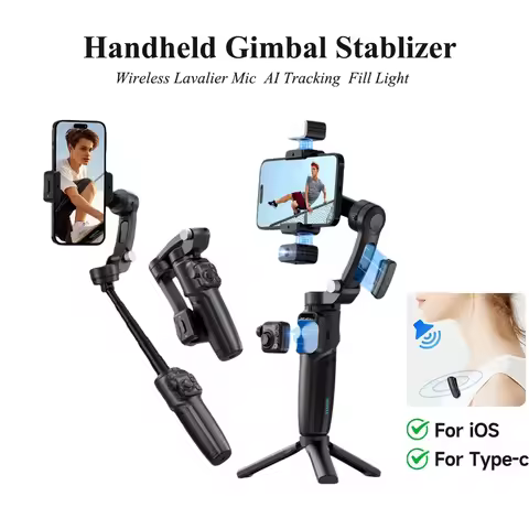 M06 AI Tracking Handheld Gimbal Stabilizer with Fill Light Wireless Lavalier Microphone for iPhone P