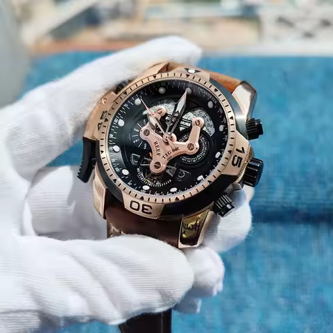 Reef Tiger/RT Brand Completed Calendar Sport Watches for Men Rose Gold Black Dial Brown Leather Stra