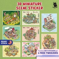 Lazy Cat 3D Miniature Scenes Sticker DIY Cute Cartoon Korean Style Scenes Building PET Sticker Hei B