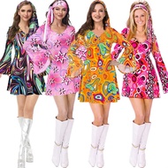 Women With ◆ Headband 60S 70S Peace Love Costume Long Sleeve Printing Disco Hippie Dress Halloween