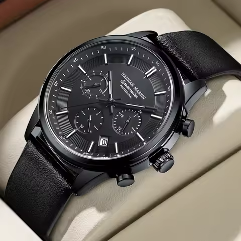 Hannah Martin 1431 Brand Men's Watch Multifunctional Chronograph Automatic Date Casual Leather Quart