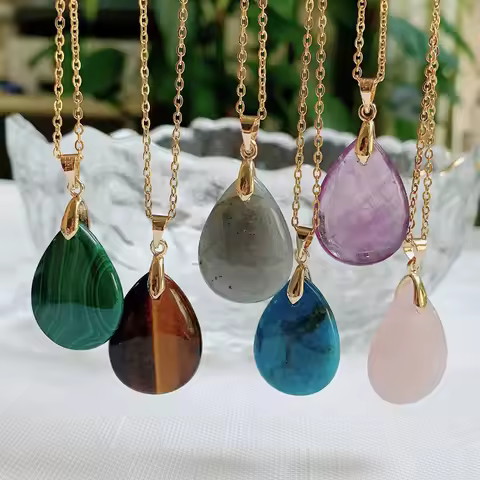 Water Drop Real Natural Crystal Stone Pendant Necklace for Women Blue Quartz Kyanite Green Malachite