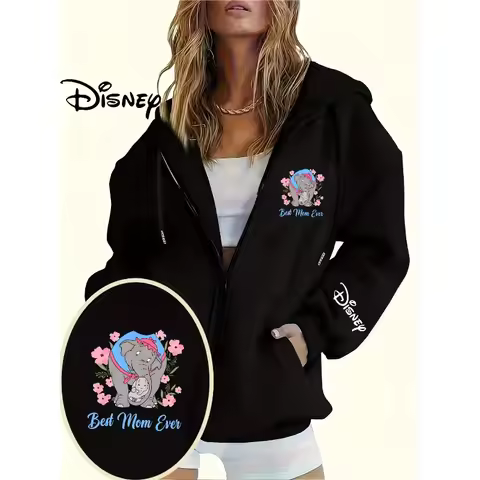 Disney Licensed - Women's Casual Dumbo Mother and Child Floral Pattern Hooded Sweatshirt with Front 