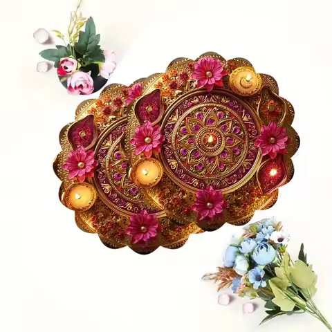 VIKAMA Hindu Diwali Festival Round Place Mats Golden Diya Lamp Mandala Flower Pattern Table Placemat