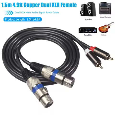 Dual 3pin XLR Female to Dual RCA Male Audio Cable 1.5m 4.9ft Copper Signal Patch Cable for Microphon