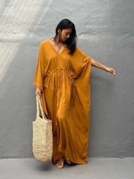 2023 Elegant Solid Kaftan Long Blue Tunic Loose Maxi Dress Women Summer Clothing Beach Wear Swim Sui