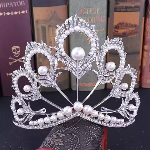 Miss Universe Crown Round Adjustable Pearl Peakcock Feather Tiara Rhinestone Pageant Prom Crowns CZ 