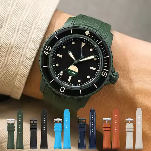 Rubber Silicone Watch Band for Swatch X Blancpain GREEN ABYSS Curved End Waterproof Sport Woven Patt
