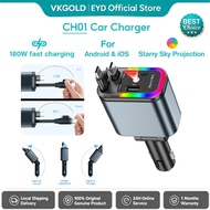 EYD180W Fast Car Charger Built-in Retractable Type-C & Lightning Cable PD65W 4 Port Multi Device Fas