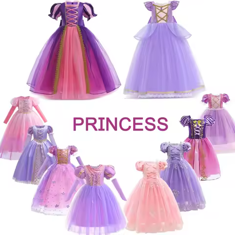 Disney Princess Rapunzel Girl Dress Kids Tangled Costume Fancy Purple Luxury Mesh Clothes Birthday P