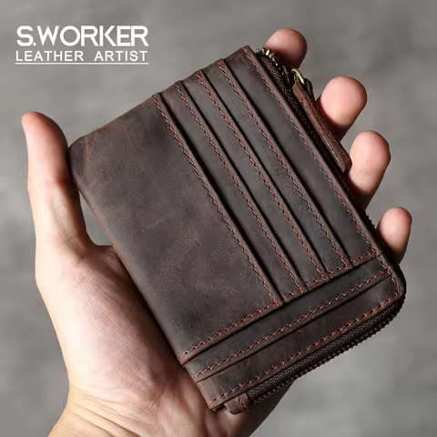 S.WORKER Vintage Genuine Leather Small Card Holder, Multi-Card Slots Top Layer Cowhide Mini Card Wal