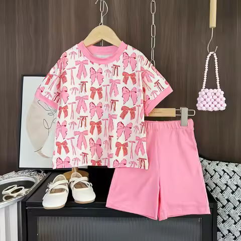 Summer New Girls Sweet Casual Clothes Bow Print Short Sleeve O-Neck T-shirt + Shorts 2 Pcs Set 3-7 Y