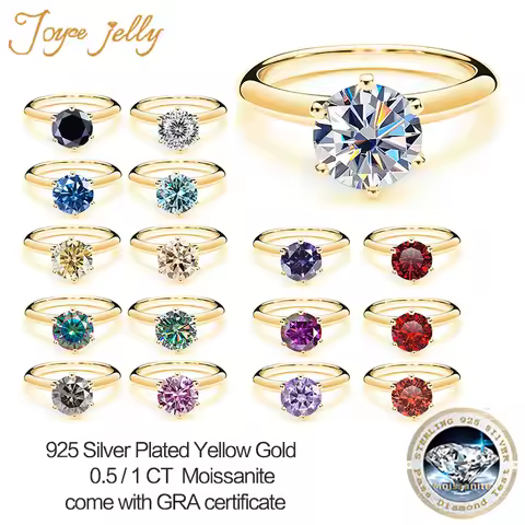 JoyceJelly 6.5MM 1ct Moissanite Ring For Women Yellow Gold Color Sterling Silver 925 Jewelry For Wed