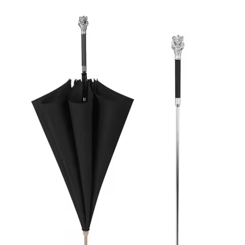 Vintage Pure Black Gentleman Umbrellas Silver Animal Head Handle Detachable Large Size Long Handle U