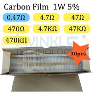 Resistor 1W 0.47 ohm, 4.7ohm, 47ohm, 470ohm, 4.7Kohm, 47Kohm, 470Kohm 1W 5% 30 Units / Pack