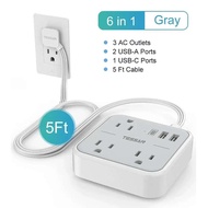 TESSAN สายไฟต่อบางพิเศษพร้อมพอร์ต USB 3พอร์ตแบบหัวแบนปลั๊กเสียบผนังปลั๊กไฟเพรียวบางสำหรับการล่องเรือ