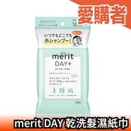 日本製 Kao merit DAY+ 乾洗髮濕紙巾 12枚 乾洗髮濕巾 乾洗髮 乾洗頭 油頭 不黏膩 外出 【愛購者】