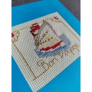 Handmade cross-stitch Bon Voyage greeting card