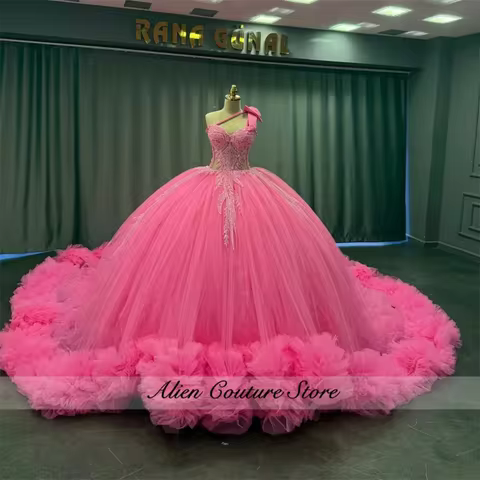 Hot Pink Shinny 15 Dress Quinceanera 2026 Beaded One Shoulder Ball Gown Quince Dress Formal Occasion