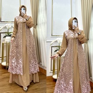 GAMIS SET HIJAB FULL CERUTY MIX TILE BROKAT TERBARU-GAMIS PESTA MEWAH WANITA SIMPLE DAN ELEGAN-GAMIS