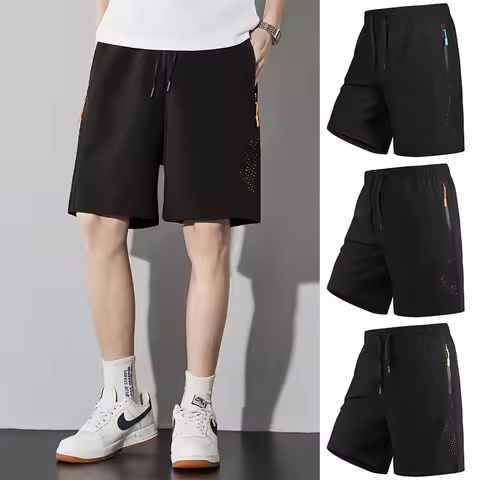 Men's Zipper Shorts Five-Quarter Length Fitness Running Beachwear Quick Dry Casual Pants Summer Brea