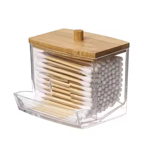 Cotton Swab Storage Box Double Head Wood Baby Cotton Swabs Transparent Square Bamboo Cover Cotton Bu