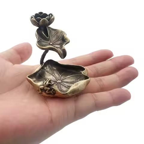 1pc Antique Brass Lotus Leaf Backflow Incense Burner Decorations Solid Pure Copper Frog Lotus Pond O