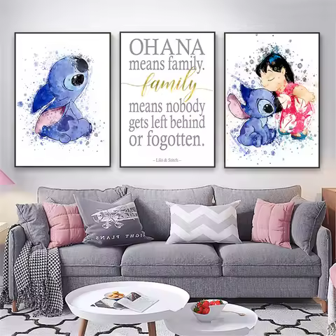 Lilo And Stitch Prints Ohana Quote Poster Disney Wall Art Stitch Watercolor Canvas Painting Nursery 