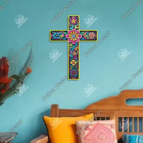Putuo Decor 1pc Mexican Style Crucifix Wood Wall Art Decor, Wooden Wall Mounted Cross for Home Churc