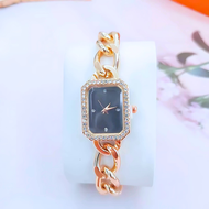 Jam Tangan Wanita Elegan Stainless Square Dial Berlubang Kristal Warna Silver/Pink Gold