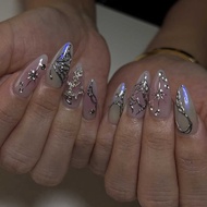 3D Silver Butterfly Wearable Nails Almond Nails Short Purple Nails Fake Nails Smudge Wearable Nails