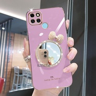 Casing Realme c21y c25y Luxury Pearl Bow Makeup Mirror Plating Silicone Soft Phone Case