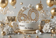 Elegant 60th anniversary birthday party banner background golden balloons white roses cake decoratio